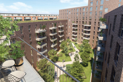 Timber Yard exterior and communal gardens, computer generated image intended for illustrative purposes only, ©Galliard Homes. Timber Yard exterior and communal gardens, computer generated image intended for illustrative purposes only, ©Galliard Homes.