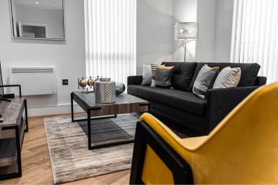 Open-plan living, kitchen and dining area at a Timber Yard apartment, ©Galliard Homes. Open-plan living, kitchen and dining area at a Timber Yard apartment, ©Galliard Homes.