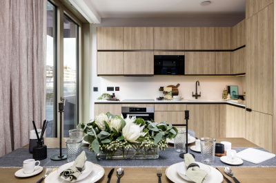 Open-plan kitchen, living and dining area at The Stage ©Galliard Homes. Open-plan kitchen, living and dining area at The Stage ©Galliard Homes.