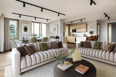 A three-bedroom apartment reception room at The Stage, furniture superimposed for illustrative purposes only, ©Galliard Homes.
