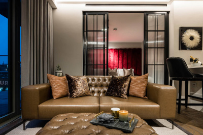 Open-plan living, dining and kitchen area of a one-bedroom apartment at The Stage, ©Galliard Homes. Open-plan living, dining and kitchen area of a one-bedroom apartment at The Stage, ©Galliard Homes.