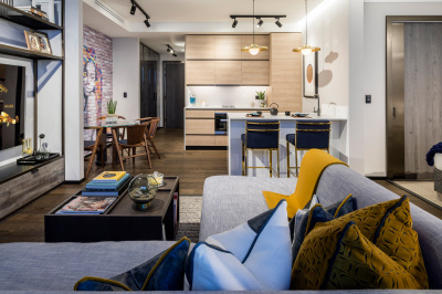 Open-plan kitchen, living and dining area at The Stage; image intended for illustrative purposes only, ©Galliard Homes. Open-plan kitchen, living and dining area at The Stage; image intended for illustrative purposes only, ©Galliard Homes.