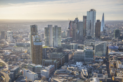 View of The Stage and the City skyline; computer generated image intended for illustrative purposes only, ©Galliard Homes. View of The Stage and the City skyline; computer generated image intended for illustrative purposes only, ©Galliard Homes.