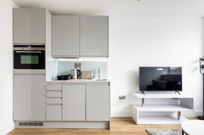 Kitchen at a Papermill House apartment, ©Galliard Homes. Kitchen at a Papermill House apartment, ©Galliard Homes.