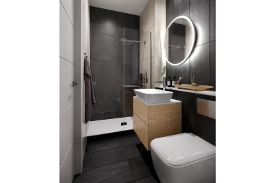 Shower room area in a Newacre House apartment, computer generated image intended for illustrative use only, ©Galliard Homes.