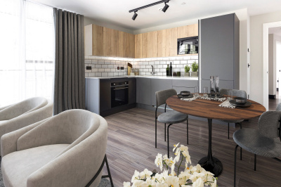 Open-plan kitchen, living and dining area in a Galliard Homes apartment, computer generated image intended for illustrative purposes only, ©Galliard Homes. Open-plan kitchen, living and dining area in a Galliard Homes apartment, computer generated image intended for illustrative purposes only, ©Galliard Homes.