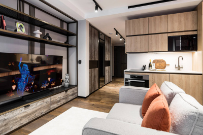 Open-plan living area in a studio suite at The Stage, ©Galliard Homes. Open-plan living area in a studio suite at The Stage, ©Galliard Homes.