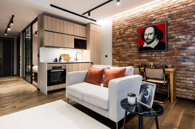 Open-plan living area in a studio suite at The Stage, ©Galliard Homes. Open-plan living area in a studio suite at The Stage, ©Galliard Homes.