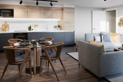 Open-plan kitchen, living and dining area at Tower Bridge Road; computer generated image intended for illustrative purposes only, ©Acorn Property Group. Open-plan kitchen, living and dining area at Tower Bridge Road; computer generated image intended for illustrative purposes only, ©Acorn Property Group.