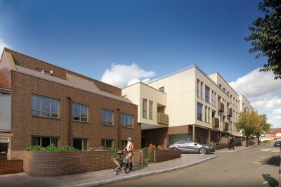 Church Road exterior, computer generated image intended for illustrative purposes only, ©Galliard Homes. Church Road exterior, computer generated image intended for illustrative purposes only, ©Galliard Homes.