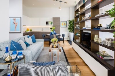 Kitchen, living and dining area at the Silver Works showroom, ©Galliard Homes. Kitchen, living and dining area at the Silver Works showroom, ©Galliard Homes.