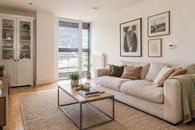 Living area of this apartment at New Capital Quay