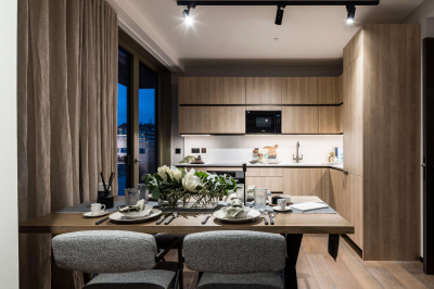 Open-plan kitchen, living and dining area at The Stage ©Galliard Homes. Open-plan kitchen, living and dining area at The Stage ©Galliard Homes.
