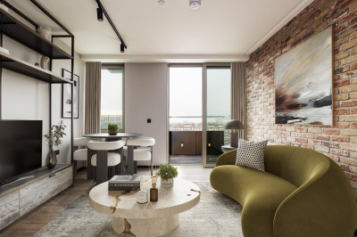 Living and dining area with balcony at Apartment 810 The Stage, furniture superimposed for illustrative purposes only, ©Galliard Homes. Living and dining area with balcony at Apartment 810 The Stage, furniture superimposed for illustrative purposes only, ©Galliard Homes.