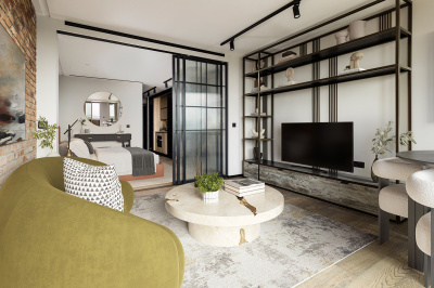 Open-plan living / dining and bedroom areas at Apartment 810 The Stage, furniture superimposed for illustrative purposes only, ©Galliard Homes.