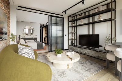 Open-plan living / dining and bedroom areas at Apartment 810 The Stage, furniture superimposed for illustrative purposes only, ©Galliard Homes. Open-plan living / dining and bedroom areas at Apartment 810 The Stage, furniture superimposed for illustrative purposes only, ©Galliard Homes.
