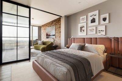 Bedroom and hallway at Apartment 810 The Stage, furniture superimposed for illustrative purposes only, ©Galliard Homes. Bedroom and hallway at Apartment 810 The Stage, furniture superimposed for illustrative purposes only, ©Galliard Homes.