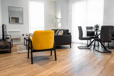 Open-plan living, kitchen and dining area at a Timber Yard apartment, ©Galliard Homes. Open-plan living, kitchen and dining area at a Timber Yard apartment, ©Galliard Homes.