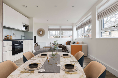 Kitchen, living area in a Newacre House apartment, computer generated image intended for illustrative use only, ©Galliard Homes. Kitchen, living area in a Newacre House apartment, computer generated image intended for illustrative use only, ©Galliard Homes.