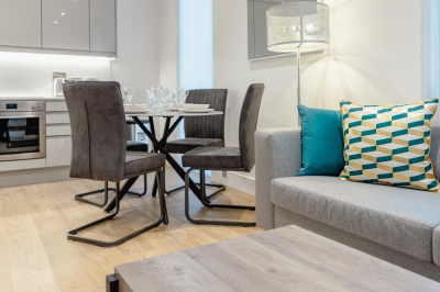 Open-plan kitchen, living and dining room at the Timber Yard show apartment, ©Galliard Homes. Open-plan kitchen, living and dining room at the Timber Yard show apartment, ©Galliard Homes.