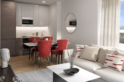 Kitchen and living area in a Newacre House apartment, computer generated image intended for illustrative use only, ©Galliard Homes. Kitchen and living area in a Newacre House apartment, computer generated image intended for illustrative use only, ©Galliard Homes.