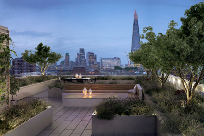 Roof terrace at Trilogy with views of The Shard and City of London, computer generated image intended for illustrative purposes only, ©Acorn Property Group. Roof terrace at Trilogy with views of The Shard and City of London, computer generated image intended for illustrative purposes only, ©Acorn Property Group.