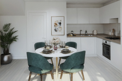 Kitchen and Dining Area at a Belgrave Village house, computer generated image intended for illustrative use only, ©Wavensmere