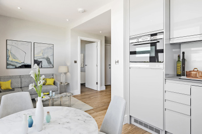 Open-plan kitchen, living and dining area at Rosebery House, computer generated image intended for illustrative purposes only, ©Galliard Homes. Open-plan kitchen, living and dining area at Rosebery House, computer generated image intended for illustrative purposes only, ©Galliard Homes.