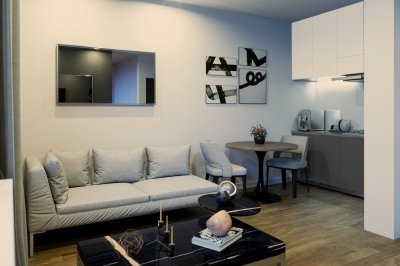 Kitchen and living area in a Galliard Homes studio apartment, computer generated image intended for illustrative purposes only, ©Galliard Homes. Kitchen and living area in a Galliard Homes studio apartment, computer generated image intended for illustrative purposes only, ©Galliard Homes.
