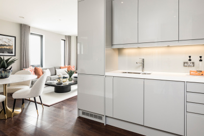 Open-plan kitchen, living and dining area at an Orchard Wharf apartment, ©Galliard Homes. Open-plan kitchen, living and dining area at an Orchard Wharf apartment, ©Galliard Homes.