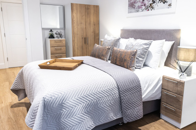 Bedroom at the Timber Yard show apartment, ©Galliard Homes.