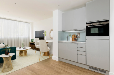 Open-plan kitchen and living area at a Galliard Homes apartment, computer generated image intended for illustrative purposes only, ©Galliard Homes. Open-plan kitchen and living area at a Galliard Homes apartment, computer generated image intended for illustrative purposes only, ©Galliard Homes.