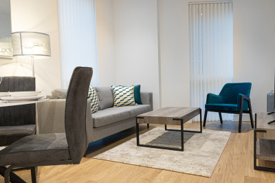 Open-plan living, kitchen and dining area at a Timber Yard apartment, ©Galliard Homes. Open-plan living, kitchen and dining area at a Timber Yard apartment, ©Galliard Homes.