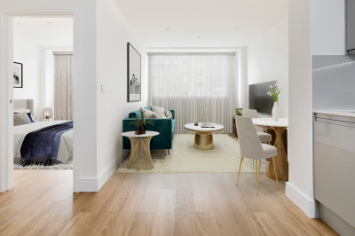 Open-plan kitchen and living area at a Galliard Homes apartment, computer generated image intended for illustrative purposes only, ©Galliard Homes. Open-plan kitchen and living area at a Galliard Homes apartment, computer generated image intended for illustrative purposes only, ©Galliard Homes.