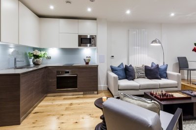 Kitchen and living area in a Galliard Homes studio apartment, ©Galliard Homes. Kitchen and living area in a Galliard Homes studio apartment, ©Galliard Homes.