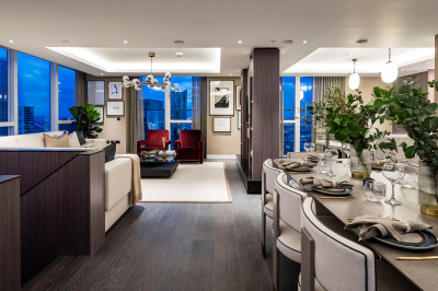 Open-plan living, kitchen and dining area at a Harbour Central duplex penthouse showflat, ©Galliard Homes. Open-plan living, kitchen and dining area at a Harbour Central duplex penthouse showflat, ©Galliard Homes.
