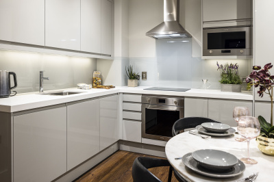 Kitchen at an Orchard Wharf apartment, ©Galliard Homes. Kitchen at an Orchard Wharf apartment, ©Galliard Homes.