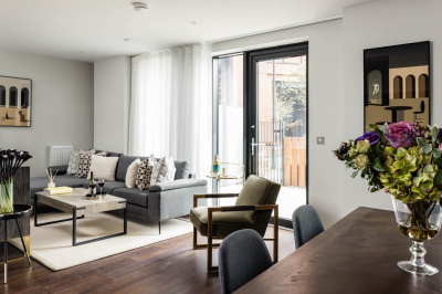 Living area at an Orchard Wharf Duplex Apartment, ©Galliard Homes. Living area at an Orchard Wharf Duplex Apartment, ©Galliard Homes.