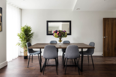 Dining area at an Orchard Wharf Duplex Apartment, ©Galliard Homes. Dining area at an Orchard Wharf Duplex Apartment, ©Galliard Homes.