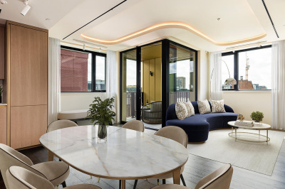 Open-plan living area at a TCRW SOHO apartment, computer generated image intended for illustrative use only, ©Galliard Homes.