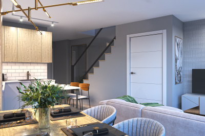 Open-plan kitchen, living and dining area at an Arena Tower duplex apartment, computer generated image for illustrative use only, ©Galliard Homes.