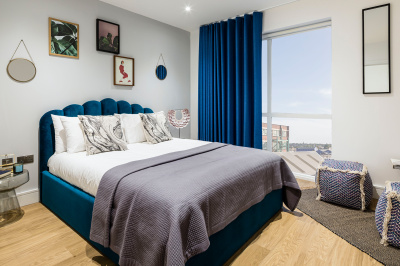 Bedroom at the Timber Yard show apartment, ©Galliard Homes. Bedroom at the Timber Yard show apartment, ©Galliard Homes.