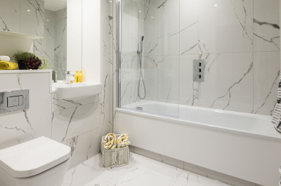 Bathroom at an Orchard Wharf apartment, ©Galliard Homes. Bathroom at an Orchard Wharf apartment, ©Galliard Homes.