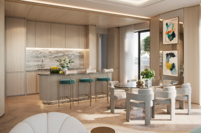 Kitchen area in a penthouse apartment at TCRW SOHO; computer generated image intended for illustrative purposes only, ©Galliard Homes. Kitchen area in a penthouse apartment at TCRW SOHO; computer generated image intended for illustrative purposes only, ©Galliard Homes.
