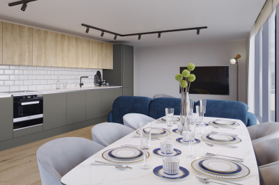 Open-plan kitchen, living and dining area at Tower Bridge Road; computer generated image intended for illustrative purposes only, ©Acorn Property Group. Open-plan kitchen, living and dining area at Tower Bridge Road; computer generated image intended for illustrative purposes only, ©Acorn Property Group.