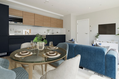 Living, kitchen and dining area in a Park Avenue Place apartment, computer generated image intended for illustrative use only, ©Galliard Homes.