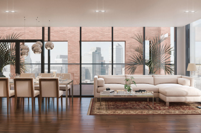 Living and dining room at Orchard Wharf, computer generated image intended for illustrative purposes only, ©Galliard Homes. Living and dining room at Orchard Wharf, computer generated image intended for illustrative purposes only, ©Galliard Homes.