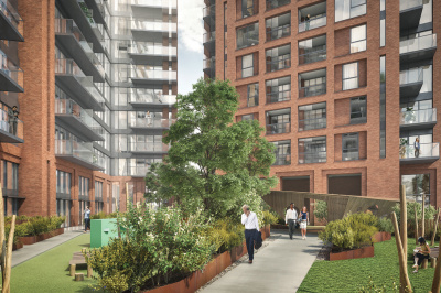 Orchard Wharf exterior and courtyard gardens, computer generated image intended for illustrative purposes only, ©Galliard Homes. Orchard Wharf exterior and courtyard gardens, computer generated image intended for illustrative purposes only, ©Galliard Homes.