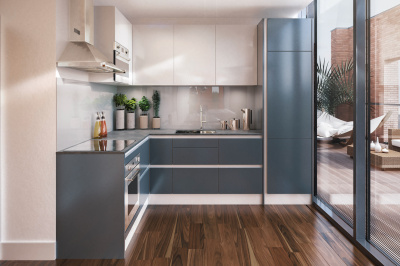 Kitchen at Orchard Wharf, computer generated image intended for illustrative purposes only, ©Galliard Homes. Kitchen at Orchard Wharf, computer generated image intended for illustrative purposes only, ©Galliard Homes.