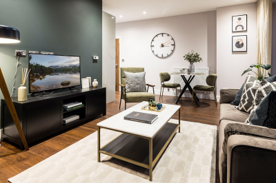 Open-plan kitchen, living and dining area at an Orchard Wharf apartment, ©Galliard Homes. Open-plan kitchen, living and dining area at an Orchard Wharf apartment, ©Galliard Homes.
